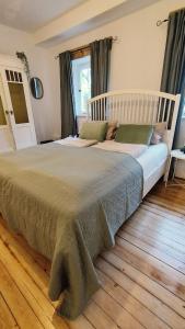 PählSeenswert - Vegane Pension und Ferienwohnungen am Ammersee的一间卧室设有一张大床,铺有木地板