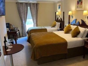 拉辛赫三叶草酒店的酒店客房设有两张床和一张桌子。