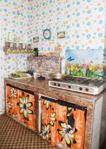 得土安Tetouan house的厨房配有炉灶和花卉墙