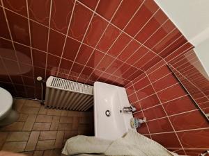 门兴格拉德巴赫Muttis Apartment的红色瓷砖墙内带卫生间的浴室