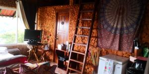 塞罗阿苏尔Mandalas Ecolodge的一间带木墙和梯子的房间