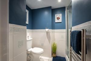 南安普敦Rustic cabin located in a serene forest setting的一间带卫生间和蓝色墙壁的浴室