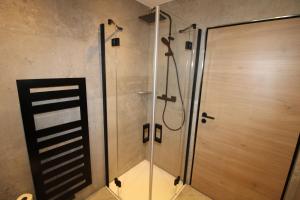 蒙绍DER Hirsch Hotel的浴室里设有玻璃门淋浴