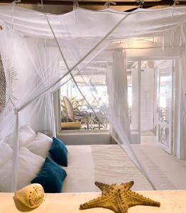 托弗海滩Casa na Praia Tofo- beach front hotel的一间卧室配有一张带天蓬和两只海星的床