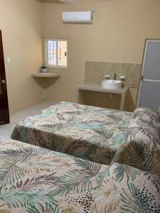 萨利纳克鲁斯Casa de los abuelos的酒店客房设有两张床和盥洗盆