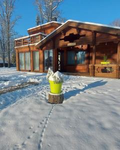 KocēniLauviņu rezidence的雪地里的小木屋,前面有桶