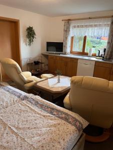 皮尔纳Holzhaus "Miri"的客厅配有沙发和桌子