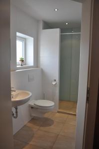 阿本贝格Landhaus Kaiser的浴室配有卫生间、盥洗盆和淋浴。