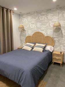 博伊罗Barraña Guest House的一间卧室配有一张带蓝色床单和墙壁的大床