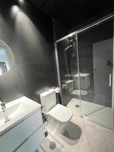 马拉加Hostel Faro Málaga modern & luxury的浴室配有卫生间、淋浴和盥洗盆。