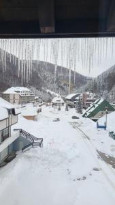 布尔泽策Kolakovic的窗户上悬挂着冰壶,享有积雪覆盖的小镇美景