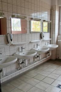 科尔马AUBERGE DE JEUNESSE的浴室设有4个水槽和2面镜子