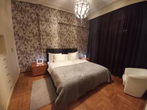 拉里萨CityHome2的一间卧室配有一张大床和一个吊灯。