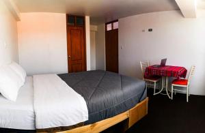 瓦拉斯Alpino Guest House的卧室配有一张床和一张桌子及椅子