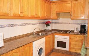 格兰阿利坎特Beautiful Home In Gran Alacant With Wifi的厨房配有木制橱柜、水槽和洗碗机。