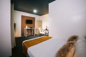 BalangaGrand Peninsula Suites的配有一张床和一张书桌的酒店客房