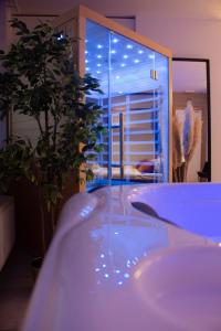 列日Spa Palawan privé avec jacuzzi et sauna Liège的带浴缸的大窗户