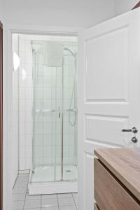 斯沃尔韦尔Marina Hotel Lofoten的带淋浴的浴室和玻璃门