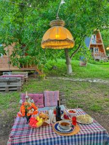 Dedoplis TskaroTeo's Cottages的一张带食物和雨伞的野餐桌