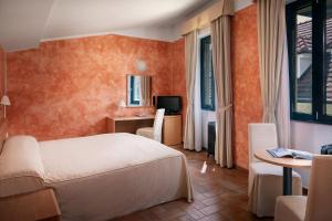 布拉格布拉格罗马酒店的一间卧室配有一张床、一张书桌和一台电视