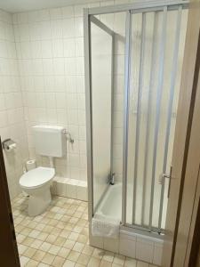 布劳恩拉格Hotel Braunlage的一间带卫生间和玻璃淋浴间的浴室
