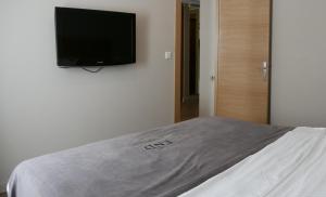 伊斯坦布尔塔克辛超多套房酒店的卧室配有一张壁挂式平面电视的床。