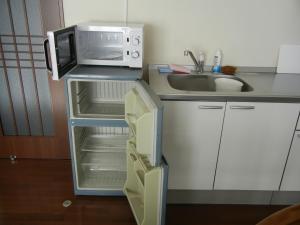 富士河口湖五月女王度假屋的带微波炉和空冰箱的小厨房