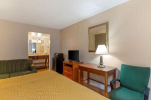 科洛尼尔海茨Rodeway Inn Colonial Heights I-95的酒店客房配有一张床、两把椅子和一台电视