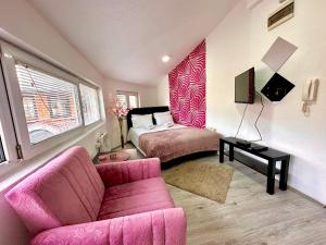 克拉古耶瓦茨Apartments Aleksandra的客厅配有粉红色的沙发和床。