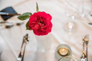 蒂罗尔州圣约翰Hotel Crystal - KitzHorn Suites的一张桌子上花瓶里的一个红玫瑰