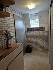兹雷切Apartma GABER 125 - Rogla的一间带砖墙和步入式淋浴间的浴室