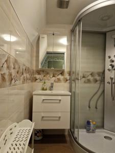 兹雷切Apartma GABER 125 - Rogla的带淋浴、盥洗盆和淋浴的白色浴室