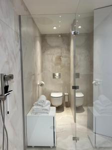 巴尔O verso du Château - STUDIO 11的一间带卫生间和玻璃淋浴间的浴室