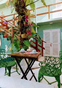 朱奎Tô na Praia Juquehy Pousada的植物间里的桌椅
