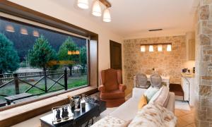 阿拉霍瓦Parnassos Chalets的客厅设有大窗户、沙发和椅子