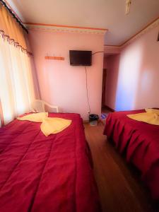 科帕卡巴纳HOSTAL Luz YHOBIMAR的一间卧室设有两张床,墙上配有电视。