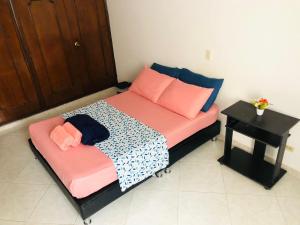 麦德林M&N Alojamiento es una habitación en un apto的一张带粉红色和蓝色枕头的床和一张桌子
