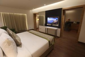 钦奈Pharos Hotels的配有一张床和一台平面电视的酒店客房