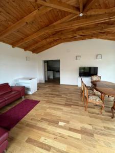 巴特塔茨曼斯多夫Pannonia Appartements的客厅设有木制天花板和桌椅