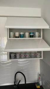 卡尔洛瓦茨M.B.A. APARTMENTS的冰箱里装有碗和杯子的白色架子