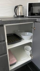 卡尔洛瓦茨M.B.A. APARTMENTS的厨房配有水槽和微波炉