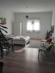 贝尔格莱德Studio Centar Surcin的白色的客房配有一张床、一张桌子和椅子
