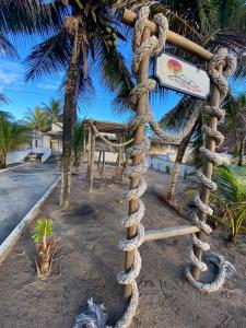 巴拉杜斯科凯鲁斯Casa de Praia - Aracaju - Jatobá的海滩上一棵棕榈树上绑着的绳子
