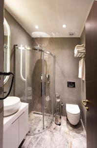 伊斯坦布尔Costera Hotel的带淋浴、卫生间和盥洗盆的浴室
