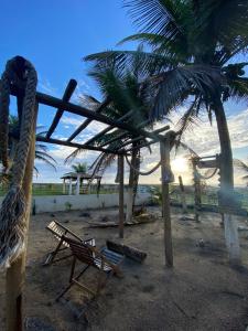 巴拉杜斯科凯鲁斯Casa de Praia - Aracaju - Jatobá的棕榈树海滩上的吊床和椅子