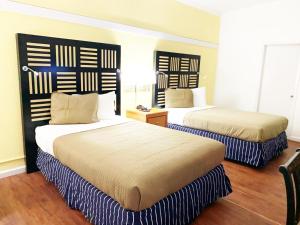 摩根敦Hotel M Morgantown - WVU Area的一间卧室配有两张蓝色和白色的床