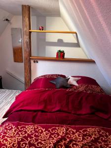 纽伦堡Anno 1919的一间卧室配有一张红色棉被的床