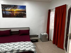 达喀尔Chambres d'hôte centre ville的一间卧室配有床和红色窗帘