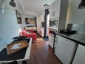 巴达洛纳Barcelona Badalona Playa Terraza的小厨房以及带红色沙发的客厅。
