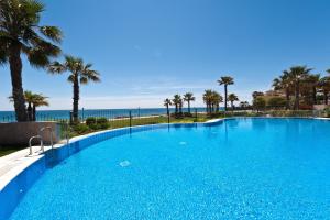 EsteponaMar Azul ApartHotel的一座种植了棕榈树和大海的大型蓝色游泳池